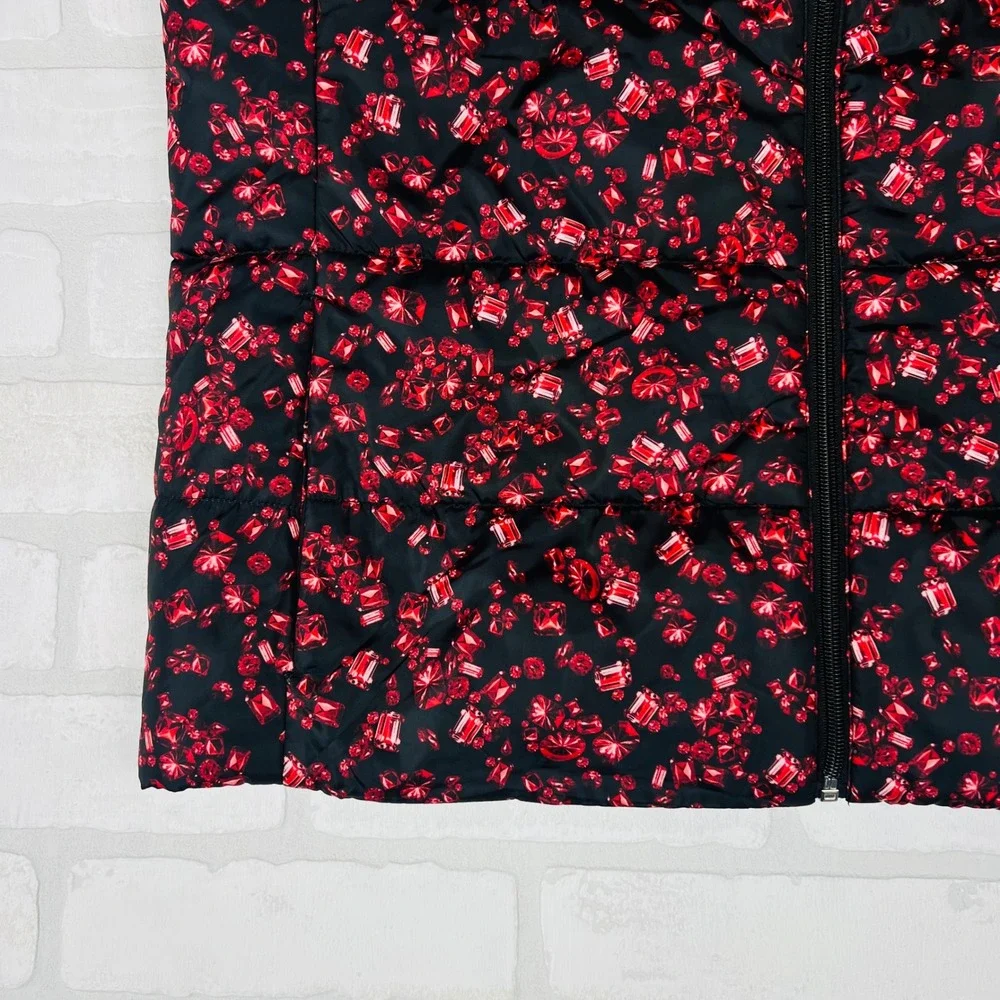 Michael Kors Women Ruby Gemstone Print Puffer Vest Black Red Zip Up Large